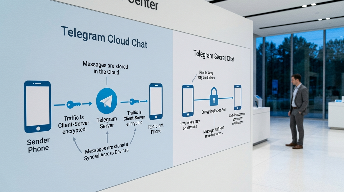 Telegram 端到端加密的秘密聊天与默认云聊天的区别对比图