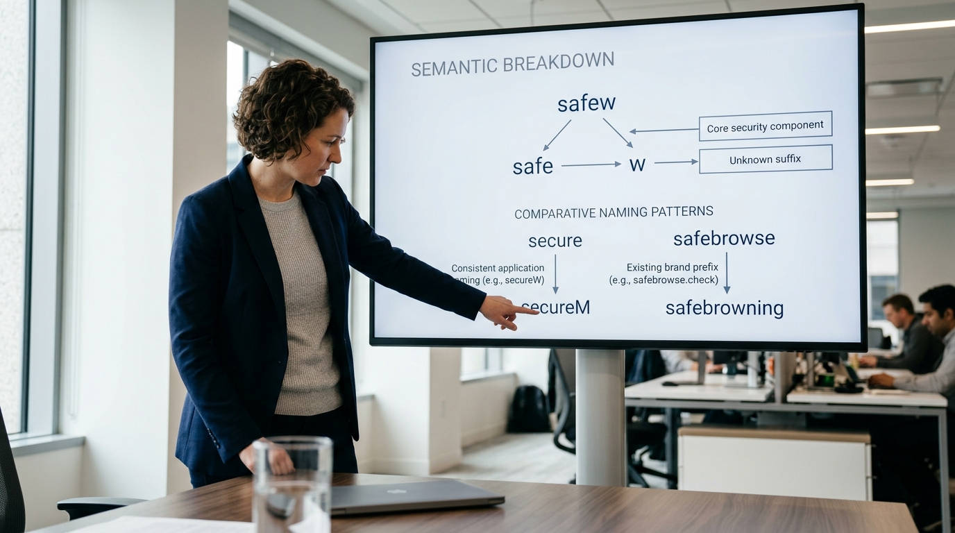 safew 名称拆解 safe 与 w 组合逻辑示意图