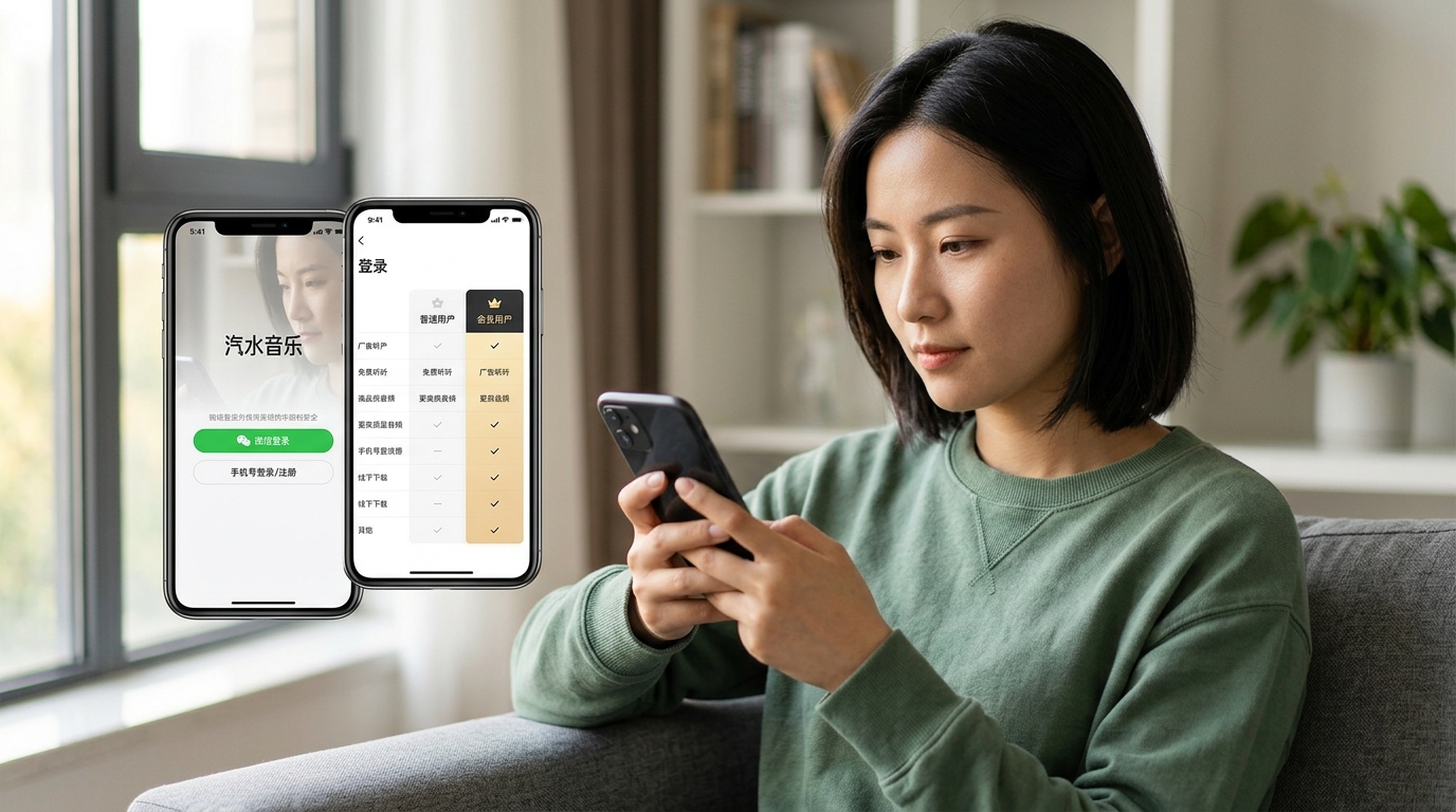汽水音乐下载前的账号登录与会员体系界面