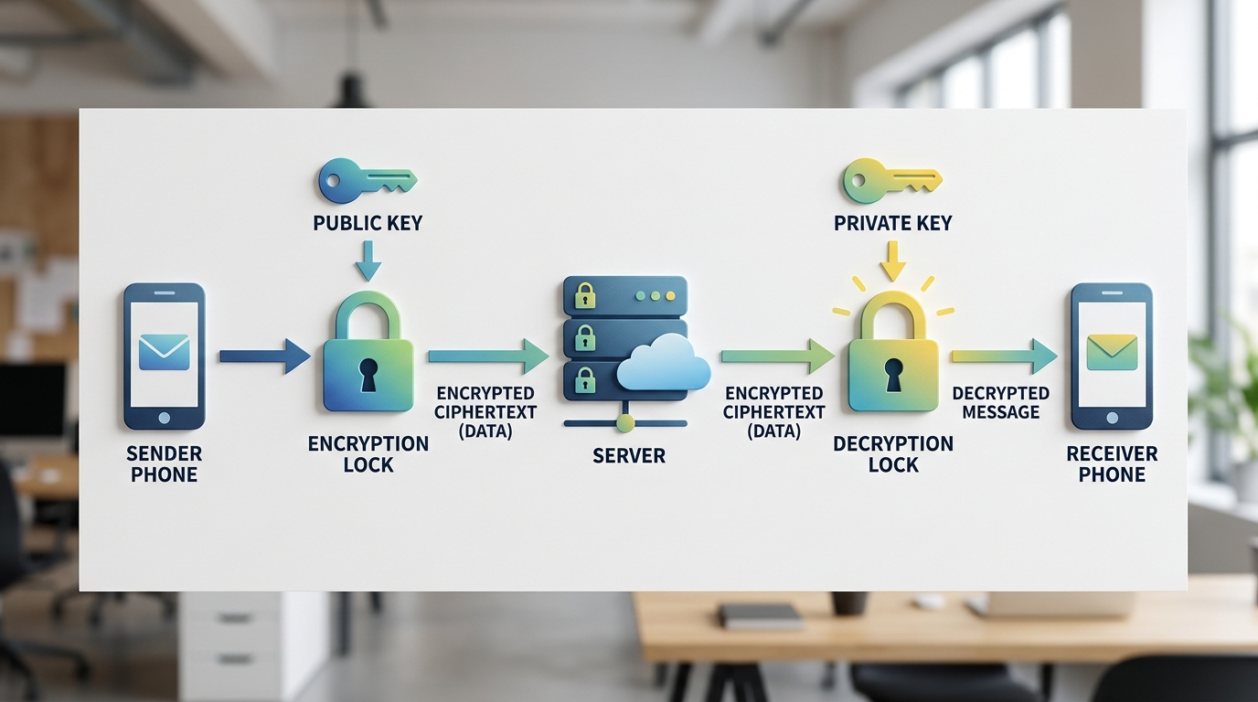 SafeW 加密机制与消息传输原理示意图 端到端加密流程