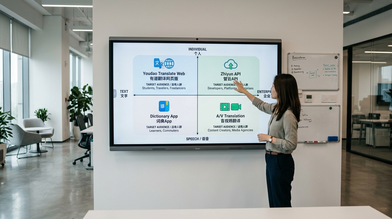 有道翻译四条产品线网页版词典App智云API音视频翻译选型对比图