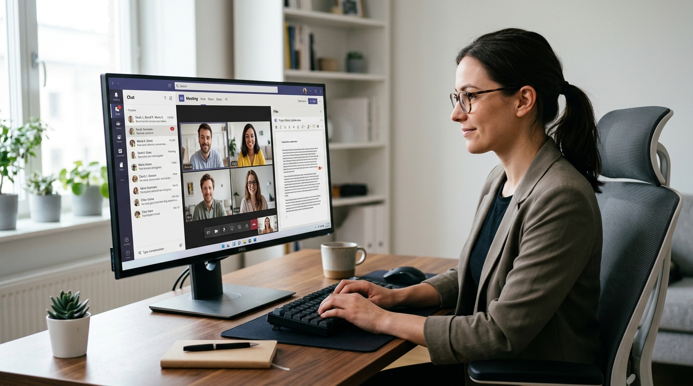 Microsoft Teams 团队协作平台界面展示聊天视频会议与文件共享