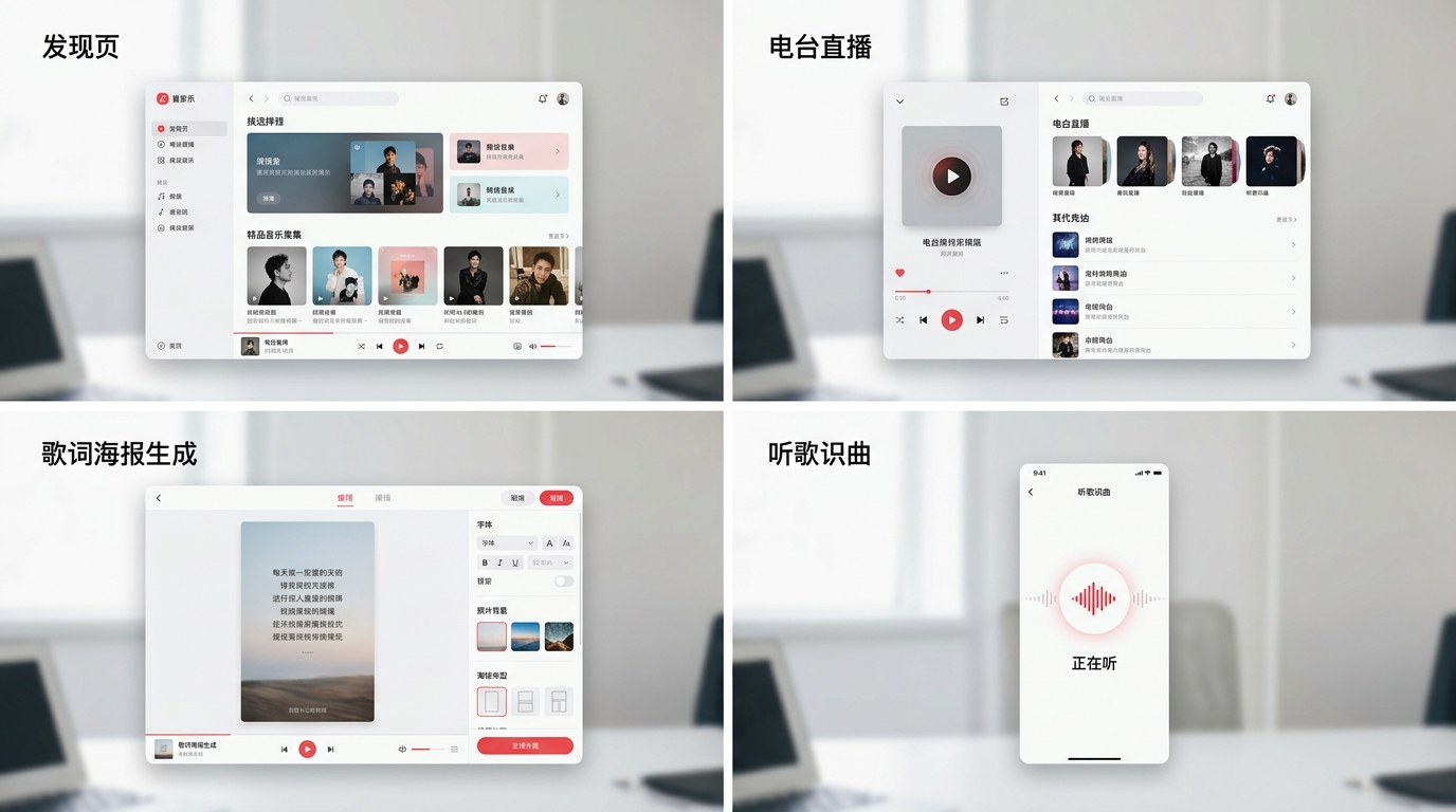 汽水音乐核心功能模块界面:发现页歌单歌词海报听歌识曲
