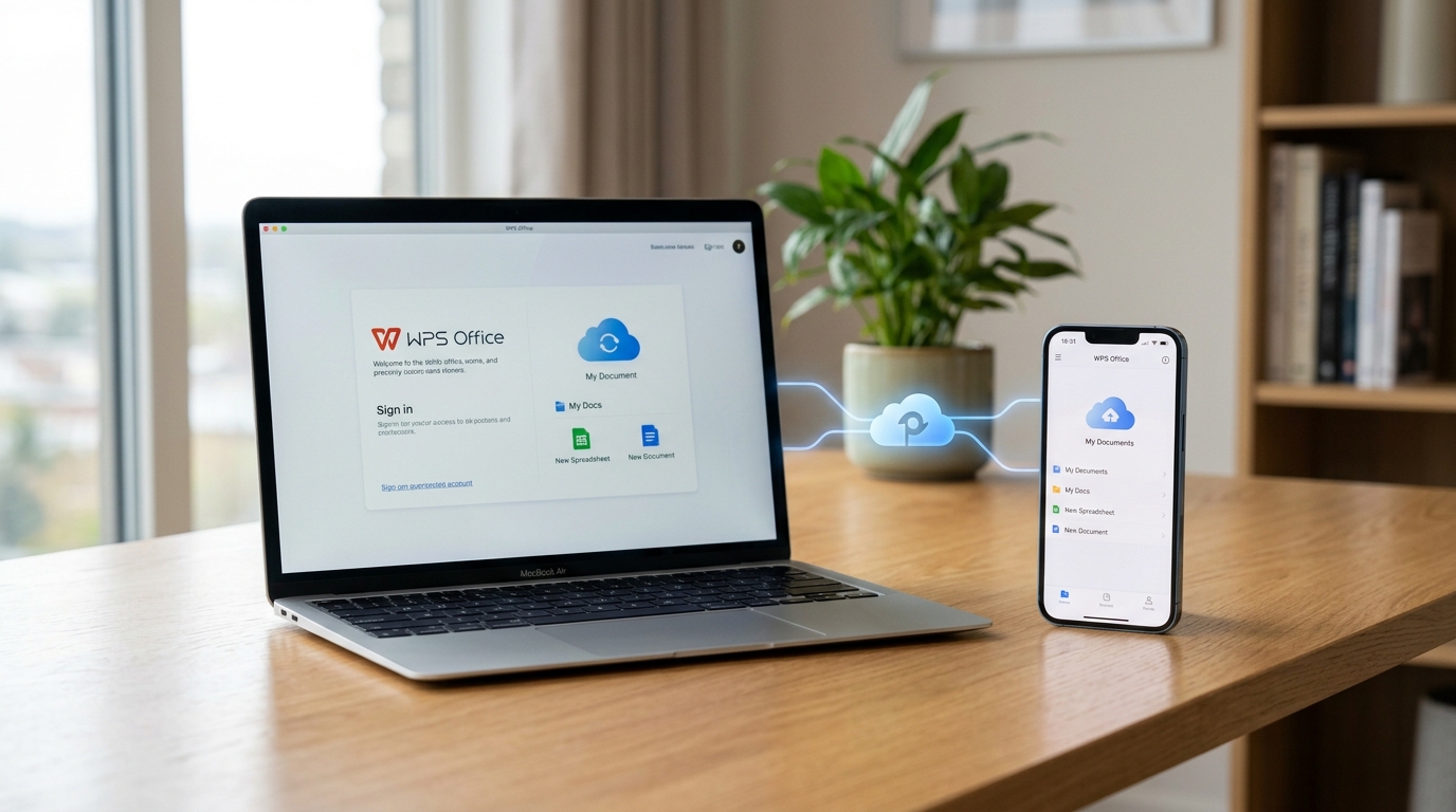 MacBook和智能手机同时运行WPS Office,通过云服务同步文档