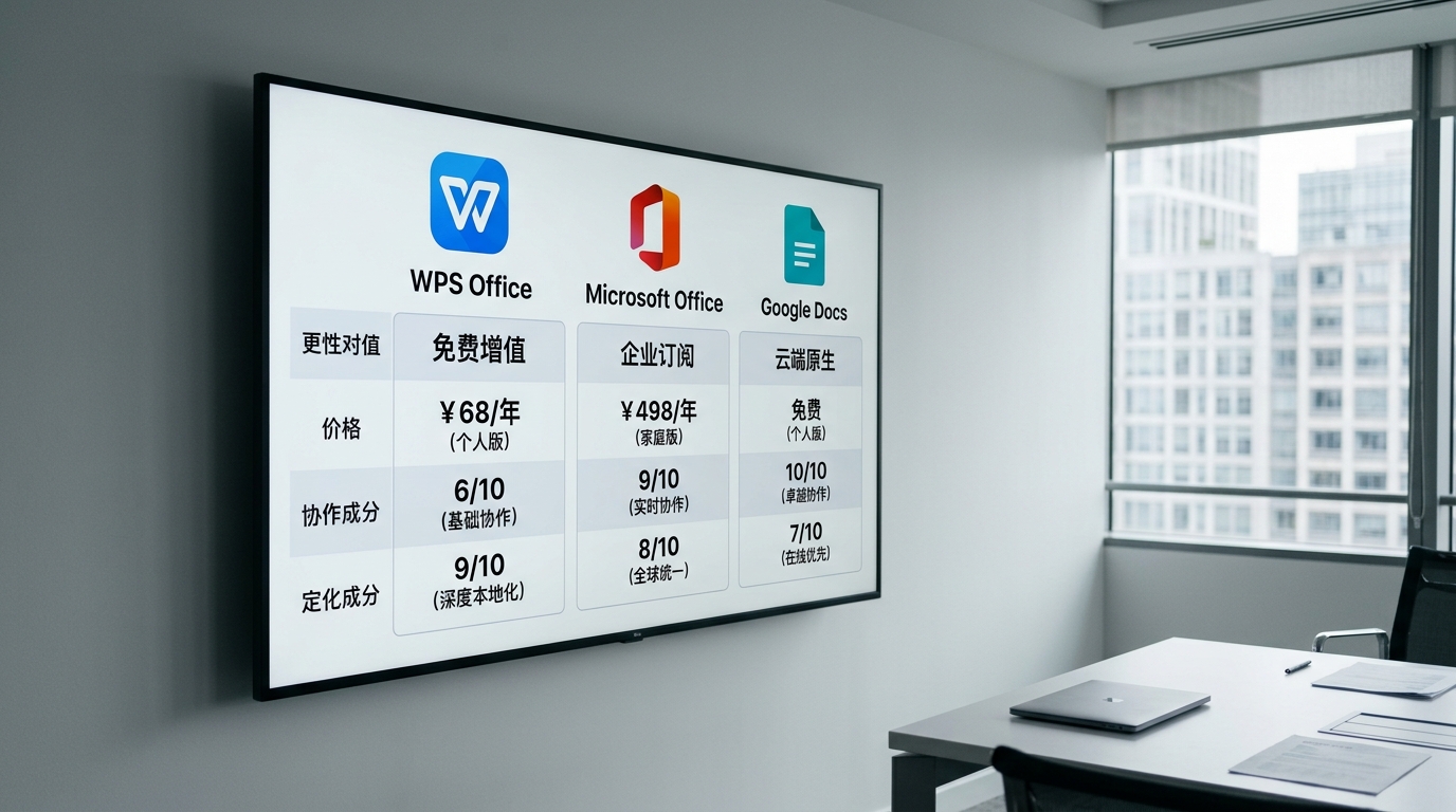 WPS与Microsoft Office、Google Docs办公软件对比信息图