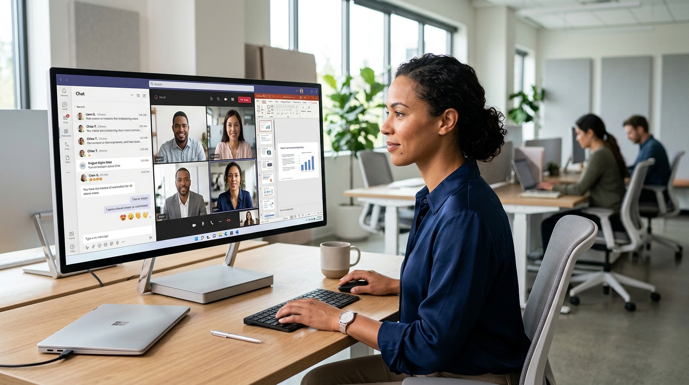 Microsoft Teams 团队协作平台界面展示聊天、视频会议与文件协作功能