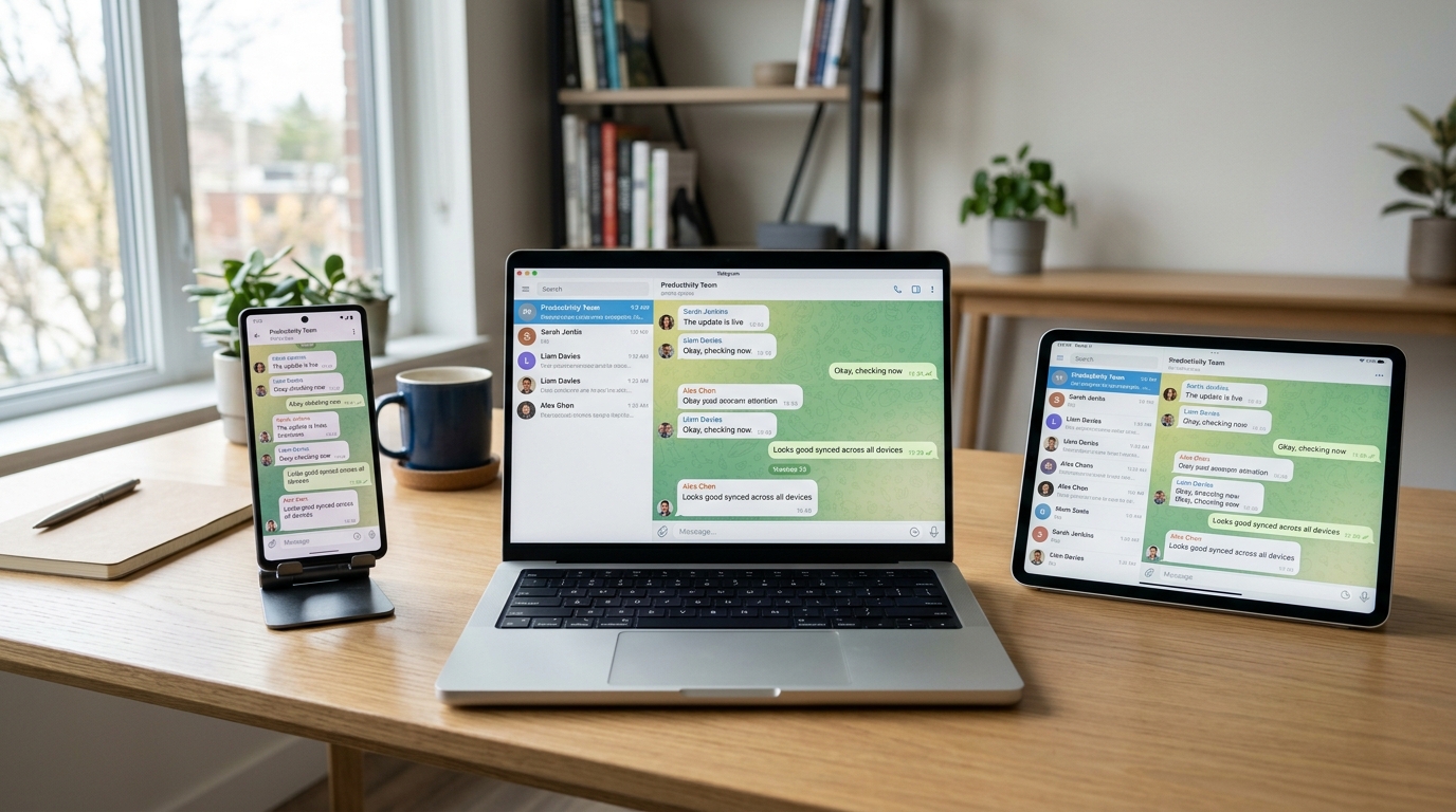 Telegram 云端即时通讯应用跨设备同步演示