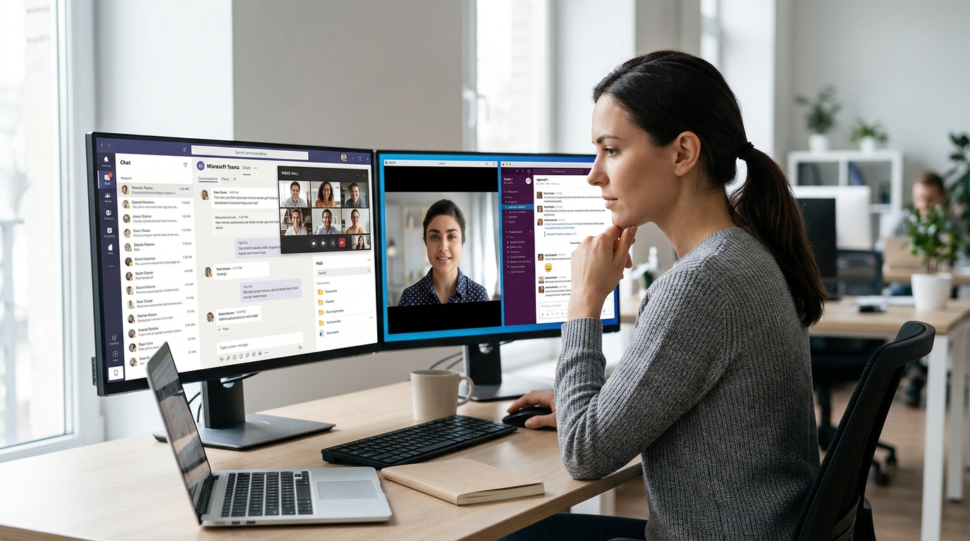 Microsoft Teams 整合聊天会议文件的界面与 Zoom Slack 对比