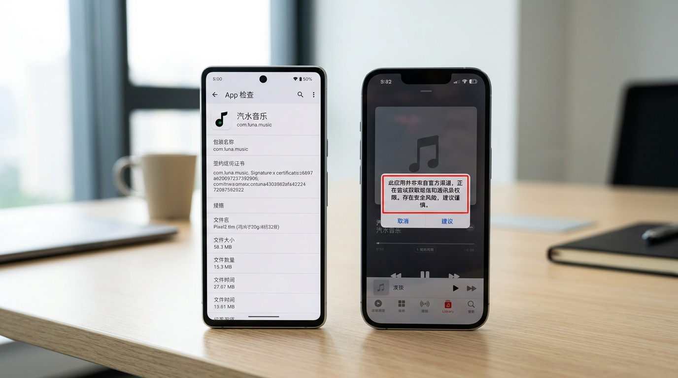 汽水音乐下载正版APK与二次打包病毒安装包鉴别对比