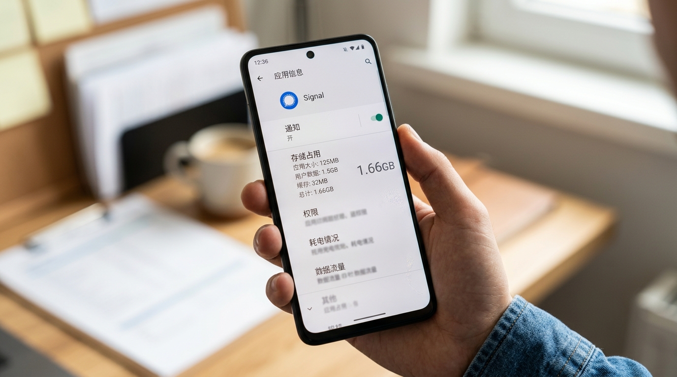 检查Signal应用通知权限和存储空间的手机设置界面截图