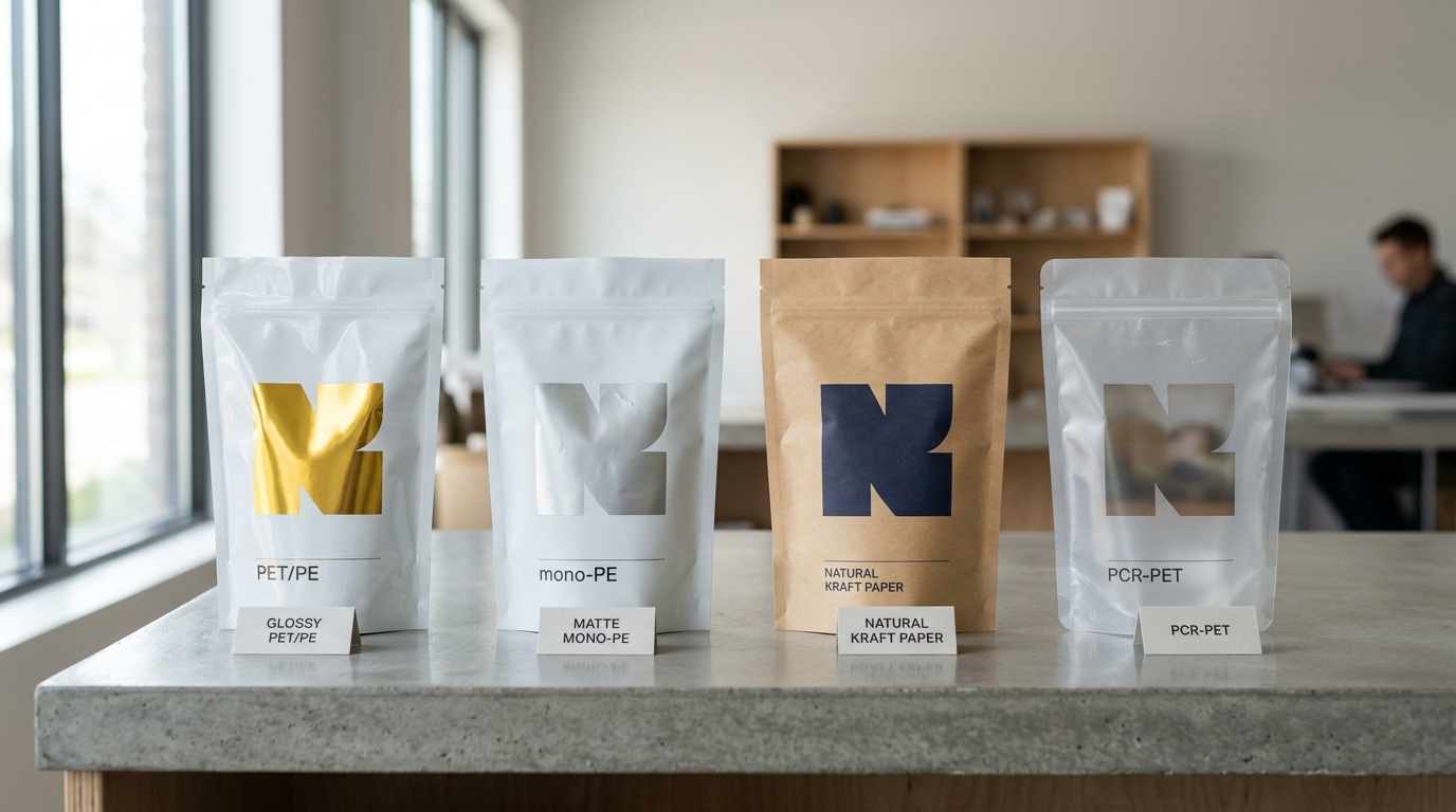 stand up pouch design material comparison PET mono-PE kraft PCR