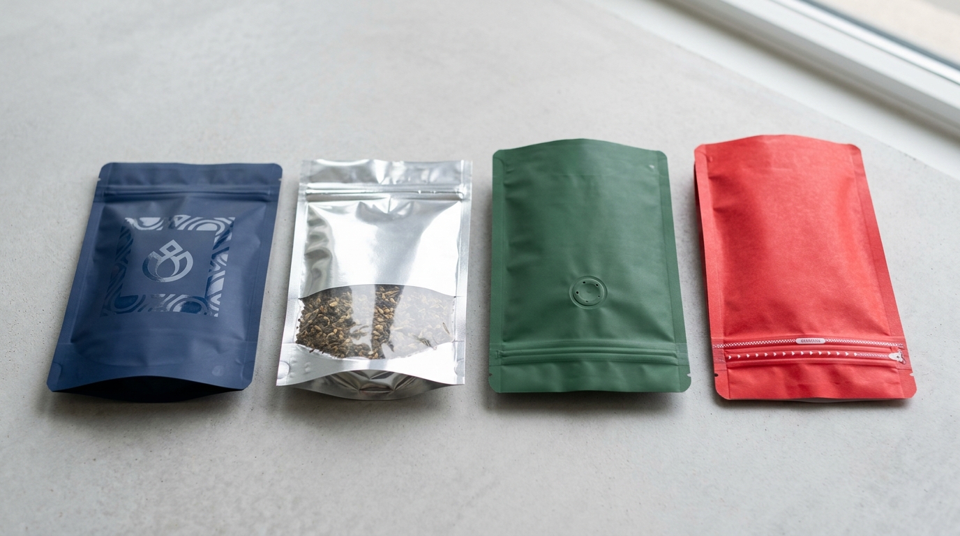 stand up pouch design finish options matte gloss soft-touch with zipper and window placement