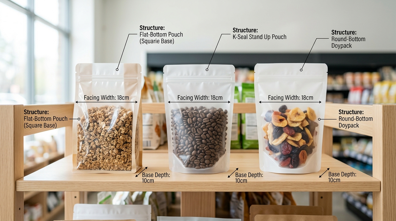 stand up pouch design gusset types compared on retail planogram shelf