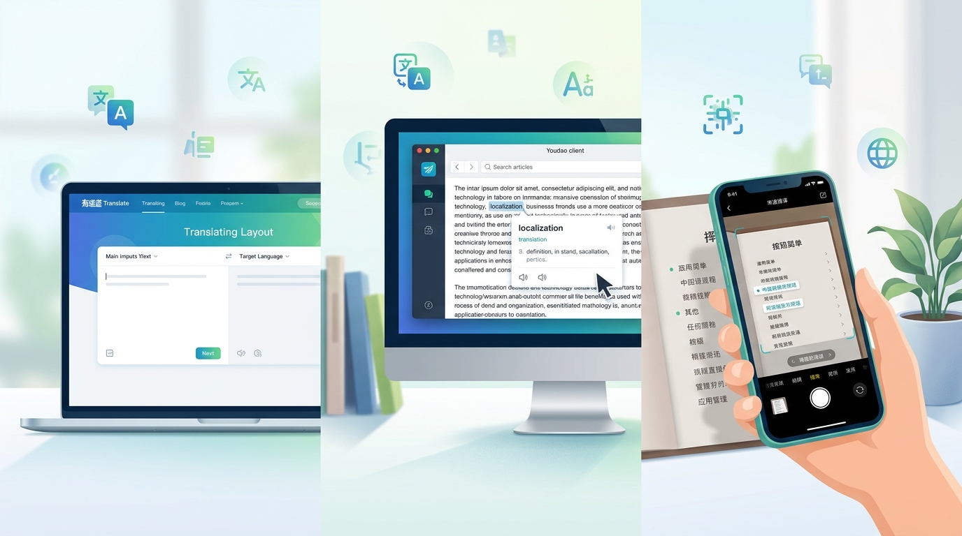 有道翻译网页版、桌面客户端和手机APP界面对比