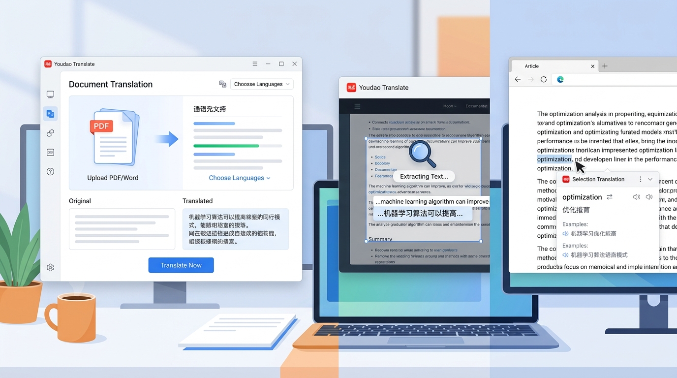 有道翻译文档翻译截图翻译和划词翻译功能操作界面展示