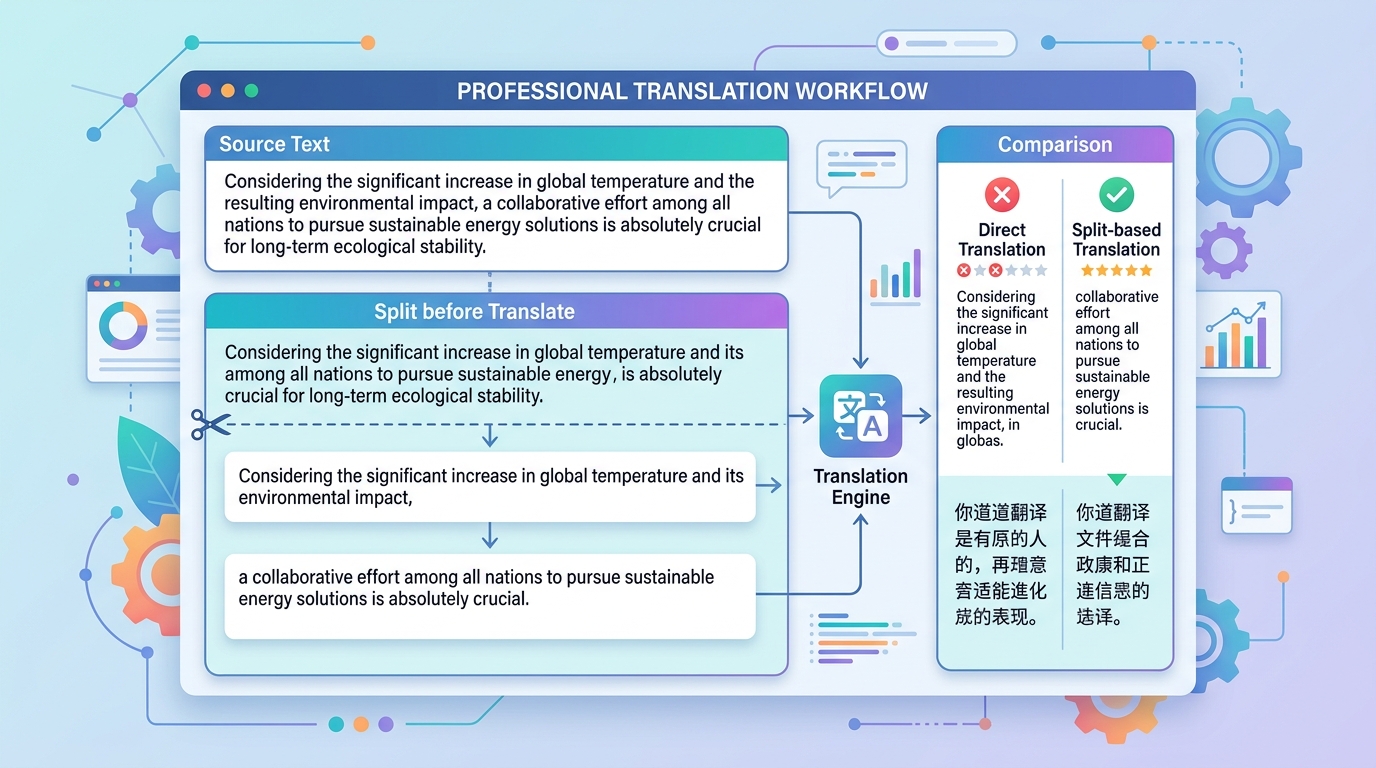 长难句拆分后使用有道翻译的前后效果对比截图